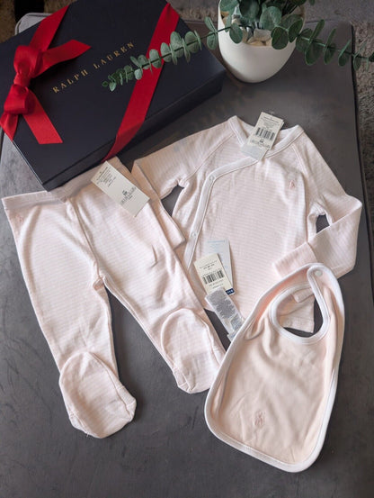 New Ralph Lauren Baby Girl 3 Piece Set Pants Top + Bib Pink Stripe Gift 6-9m