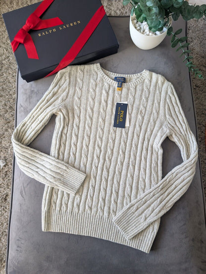 New Polo by Ralph Lauren Cable Knit Jumper Ivory Girls 16y Glitter Sparkle New