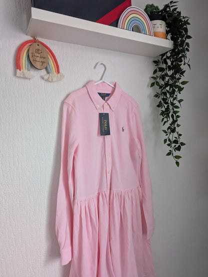 New Ralph Lauren Pink Embroided Logo Smart Formal Cotton Oxford Shirtdress 12yrs