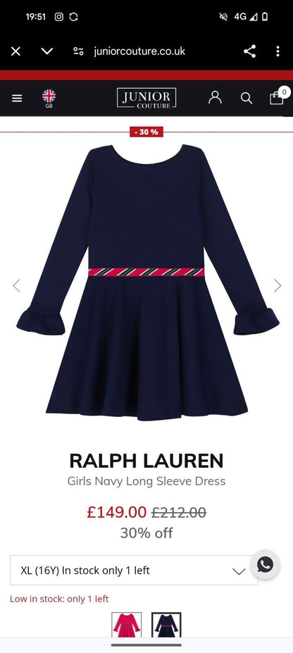 New Stunning Ralph Lauren Girls Ponte Frill Sleeve Navy Dress Belted Gift 6y