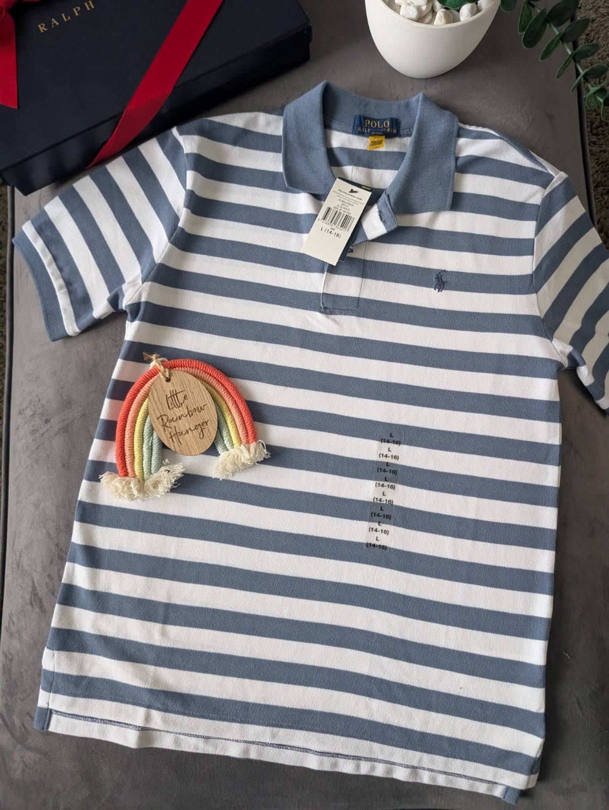 New Ralph Lauren Boys Smart Stripe Short Sleeve Polo Blue White  14y Boys