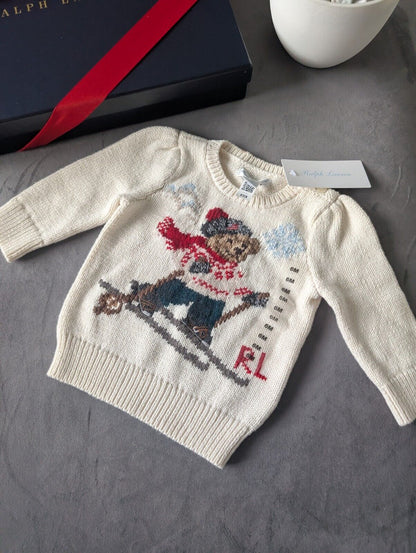 New Adorable Ralph Lauren Baby Girls Bear Ivory Jumper Gift Rrp £120 3-6m  Ski