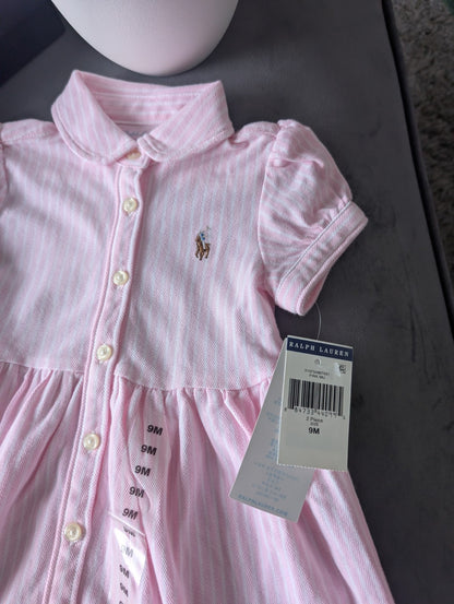 New Ralph Lauren Baby Girl Oxford Mesh Dress & Bloomer Carmel Pink 6-9m Gift