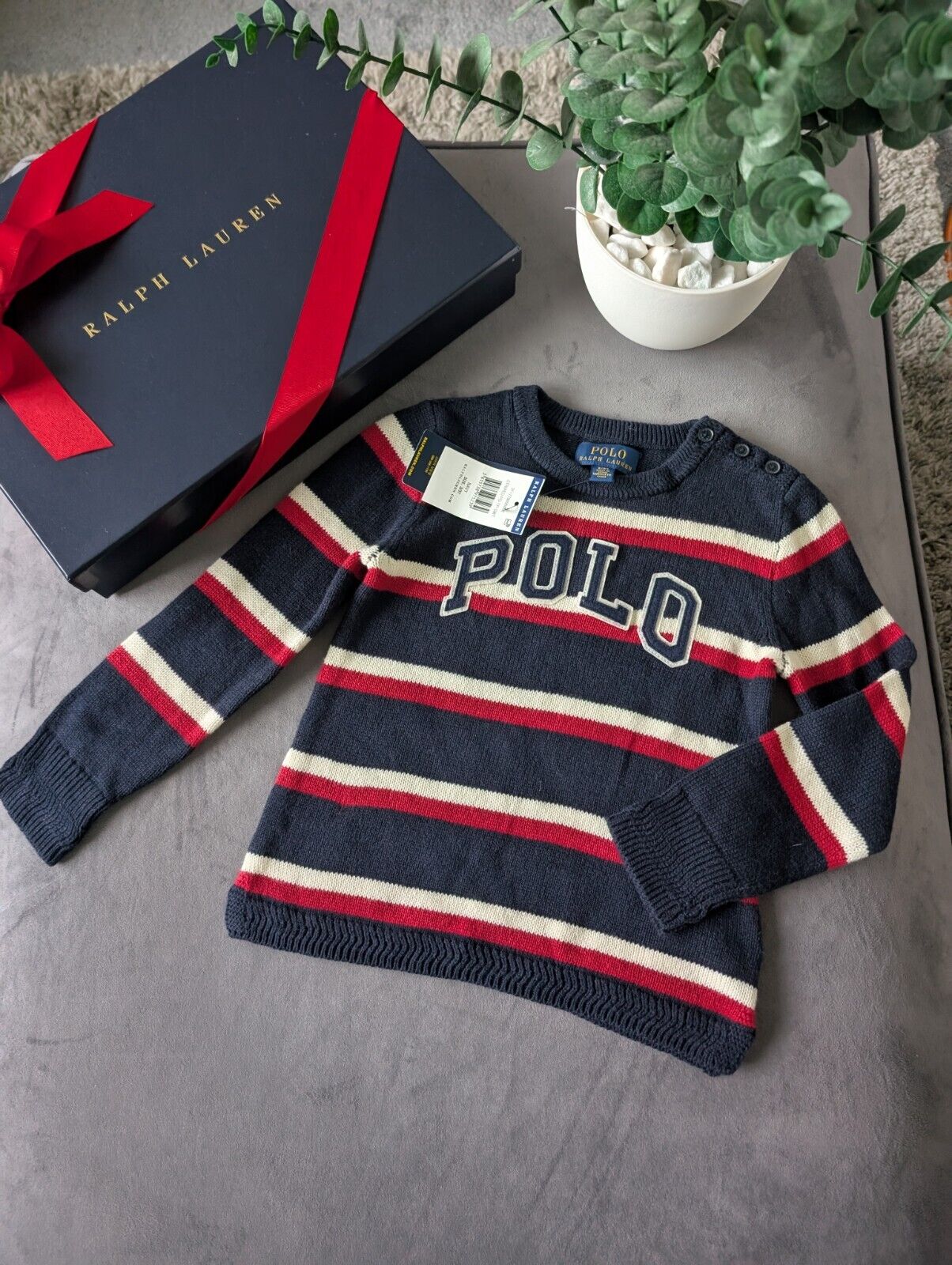 New Ralph Lauren Boys Navy Smart Casual Pullover Stripe Jumper Pony Logo Age 2-3