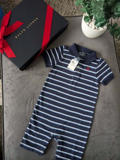 New Ralph Lauren Baby Boy Blue Navy Stripe Romper 12-18m Gift cute summer