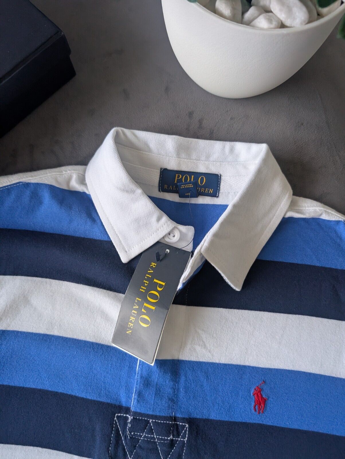 New Ralph Lauren Boys Rugby Style Stripe Long Sleeve Polo Blue White  8y Boys