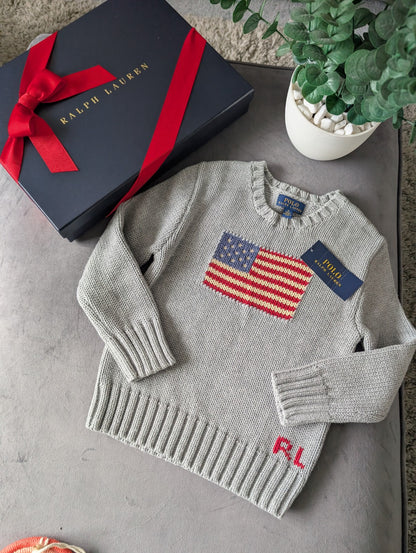 New Polo Ralph Lauren Grey Smart American flag jumper age UK 4-5yr USA Boys Gift