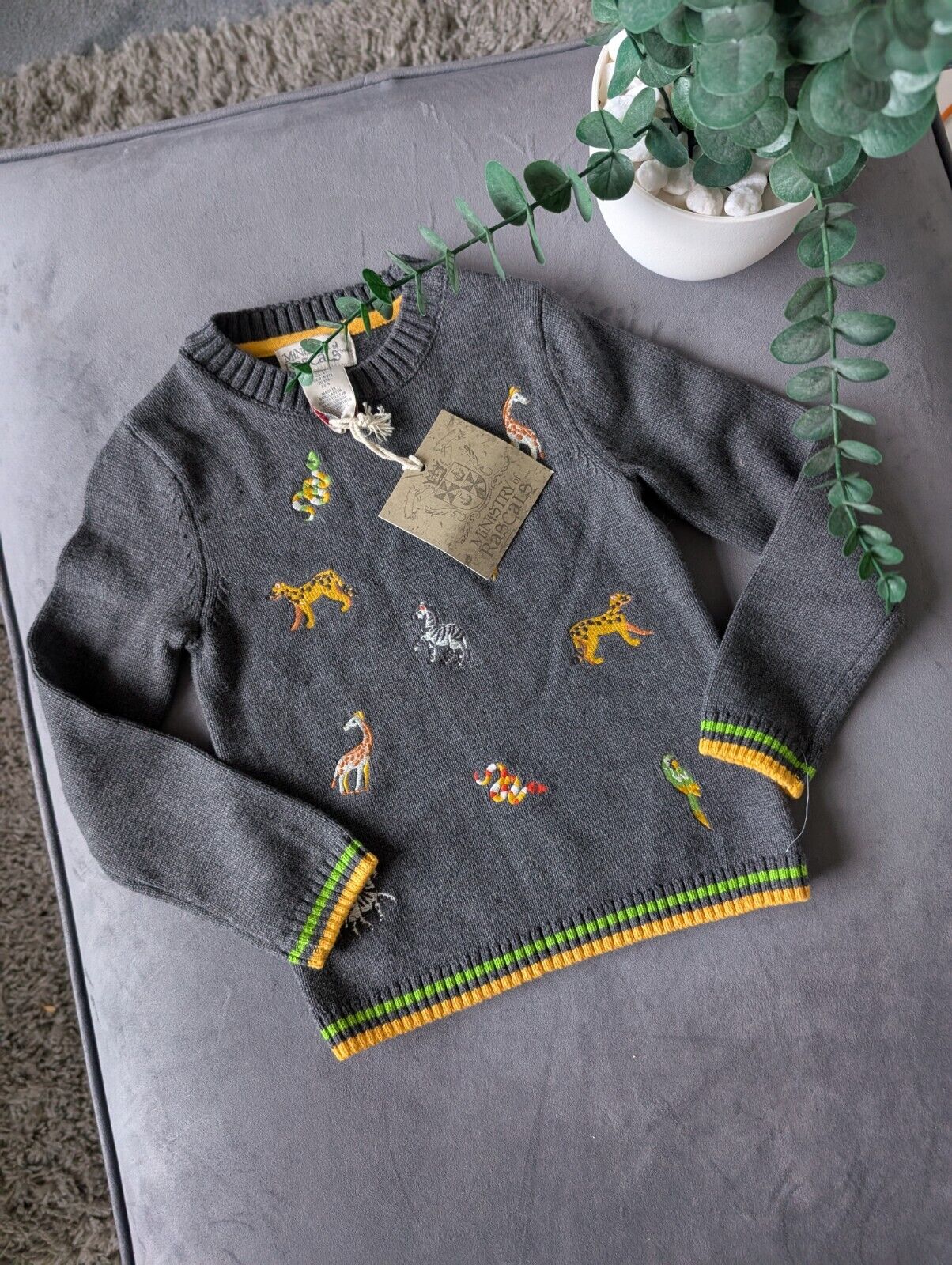 New Stunning Rorie Whelan Navy Boys Knit Jumper Lion Tiger Animal 3-4y Zoo Kids