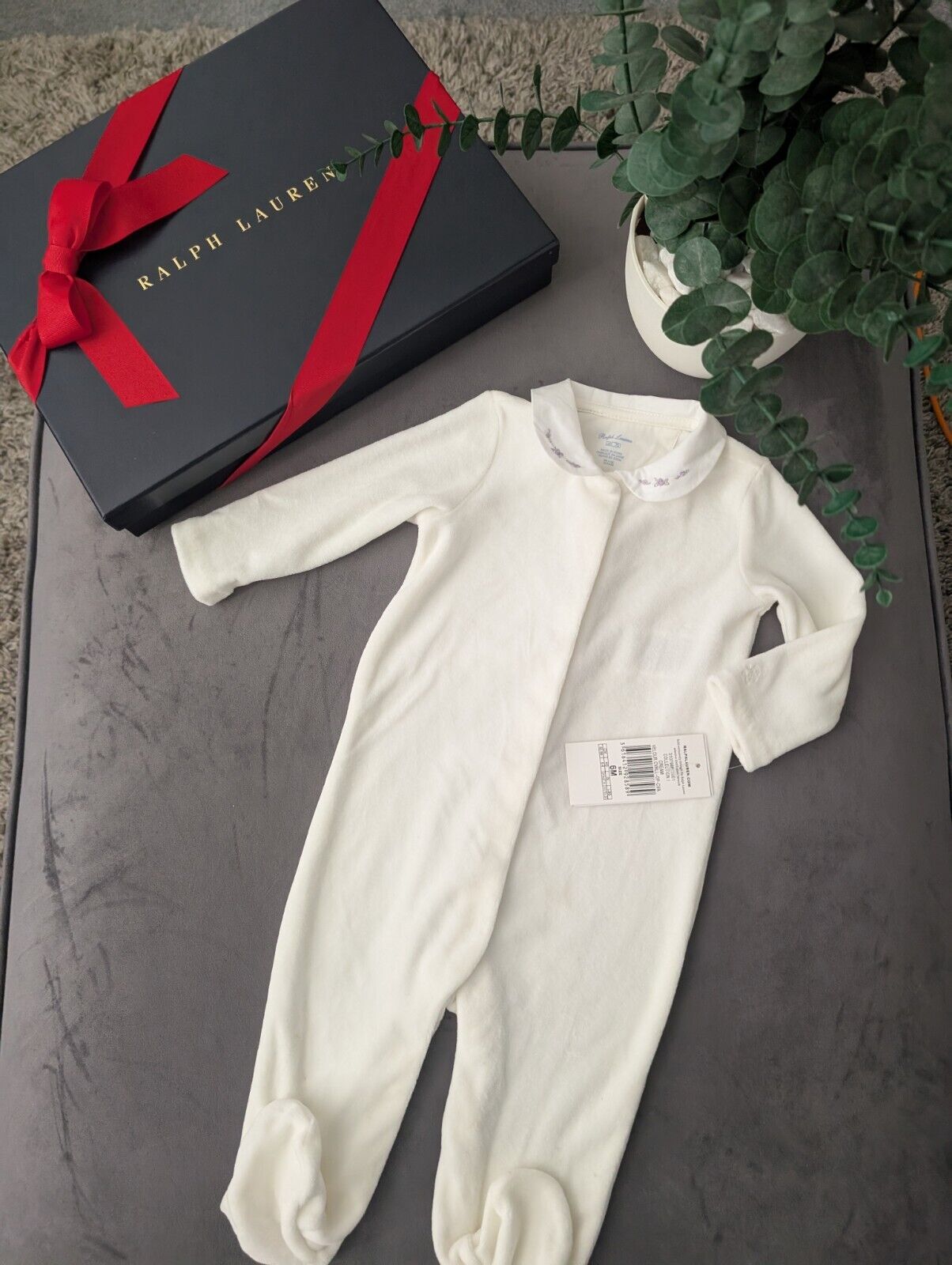 New Ralph Lauren Ivory Velvet Floral Collar Romper All In One Baby Girl Gift 6m