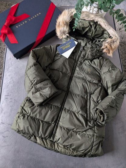 New Feather Down Polo Ralph Lauren Girls Puffer Down Coat Khaki Logo 4yrs  £190