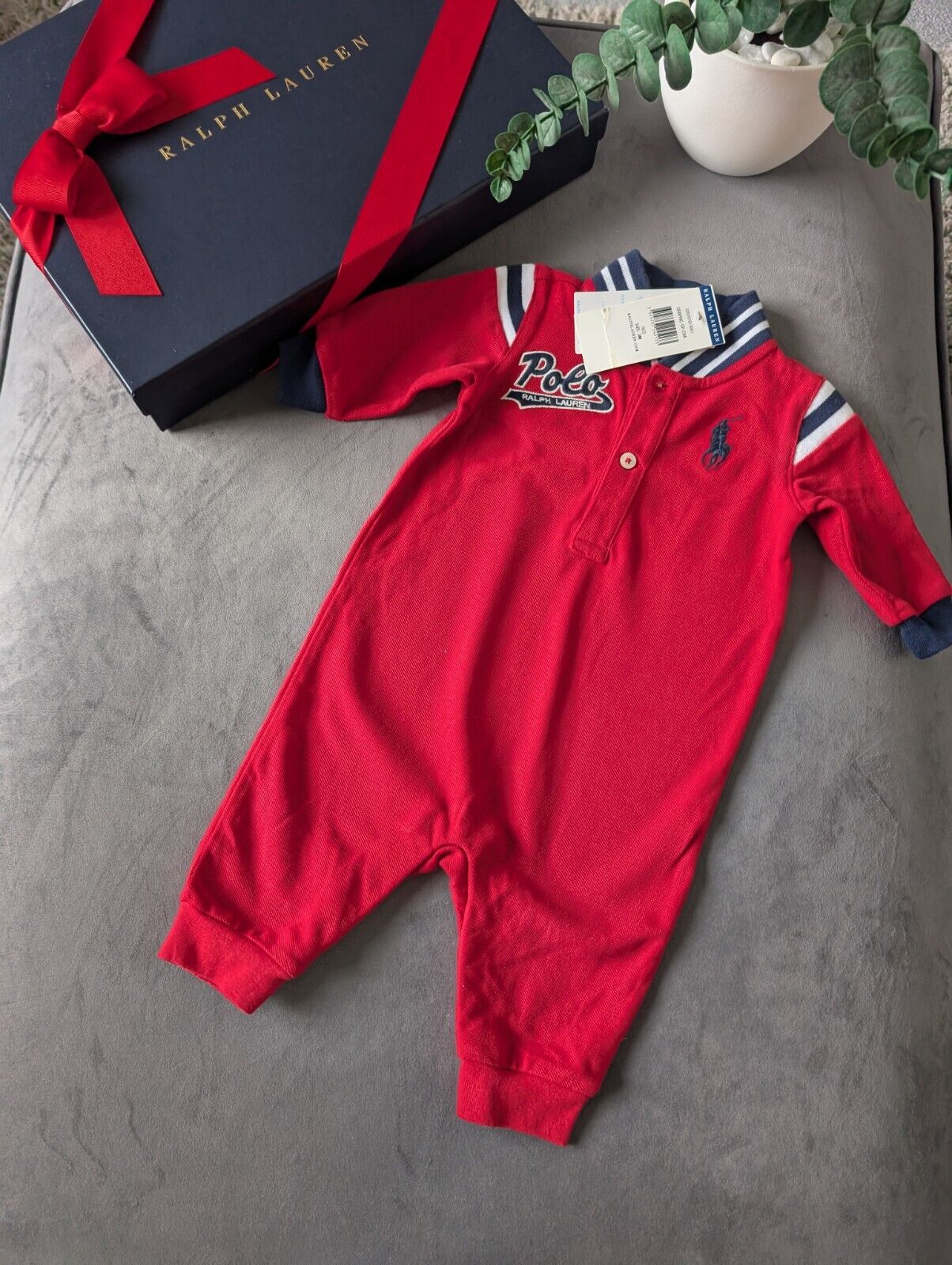 New Adorable Ralph Lauren Boys Navy Stripe Coverall All In One Red Baseball 0-3m