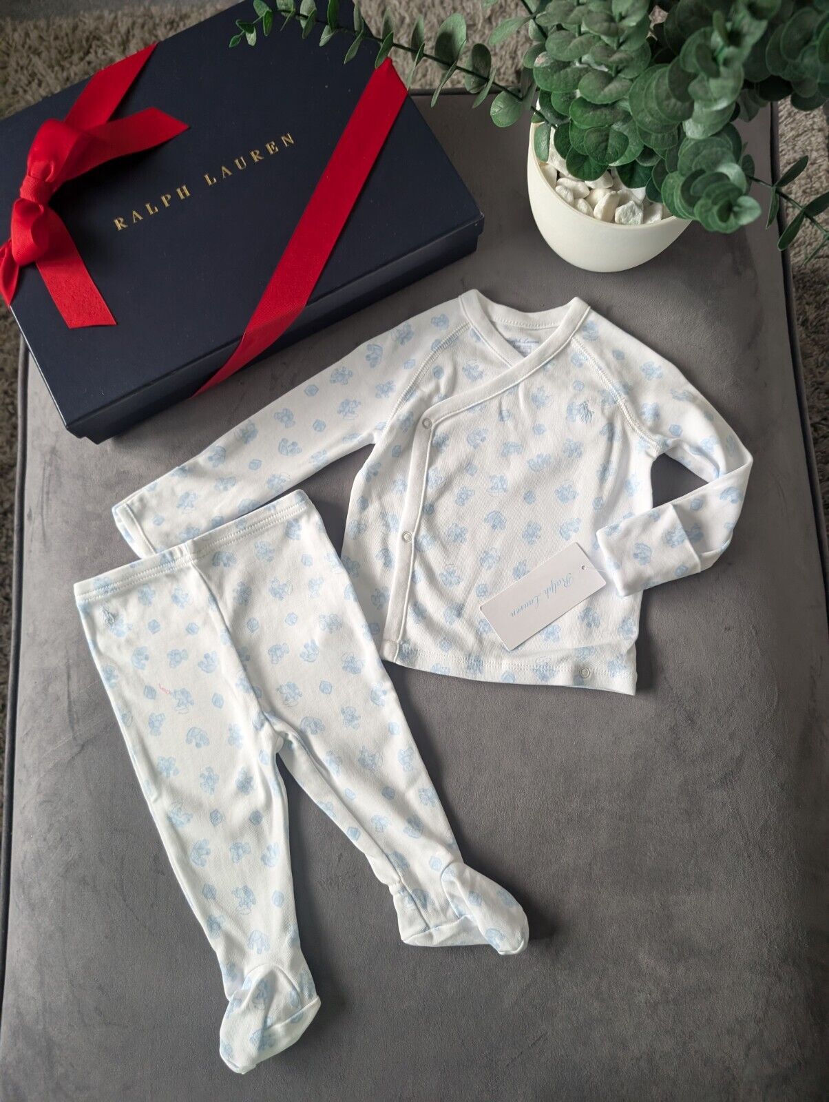 New Ralph Lauren Baby Boy 2 Piece Pyjamas Set 3-6m Blue White Gift  Top +Bottoms