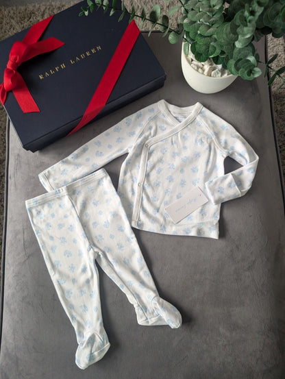 New Ralph Lauren Baby Boy 2 Piece Pyjamas Set 3-6m Blue White Gift  Top +Bottoms