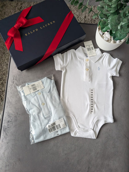 New Ralph Lauren Baby X2 White Blue Polo Logo Vest Collared Logo 3-6m Gift Baby