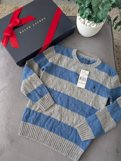 New Boys Ralph Lauren Blue Grey Stripe Cable knit jumper Cashmere Blend 6/7yr