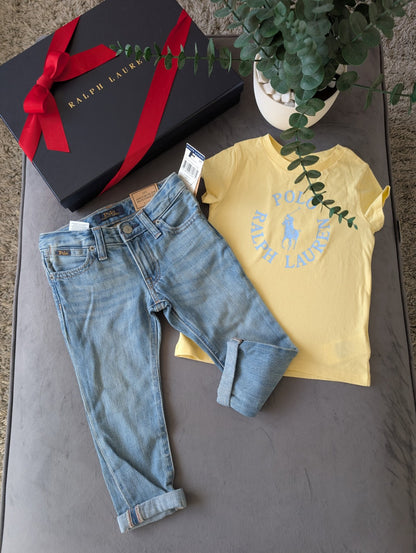 New Ralph Lauren Girls Yellow T Shirt + Blue Denim Boyfriend Jeans Summer 2yrs