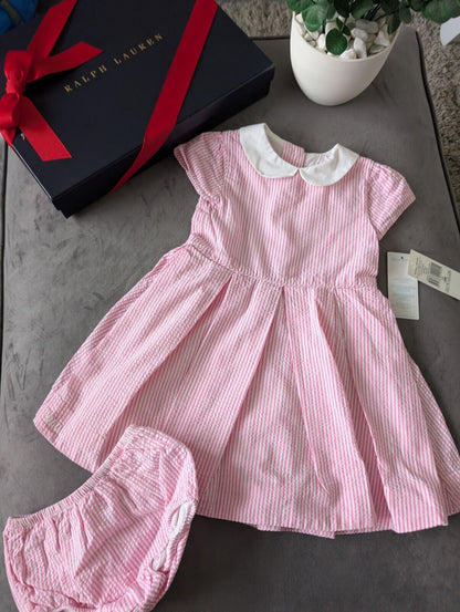 New Ralph Lauren Girls Stripe Fully Lined Pretty Party Dress 18m Gift Pink