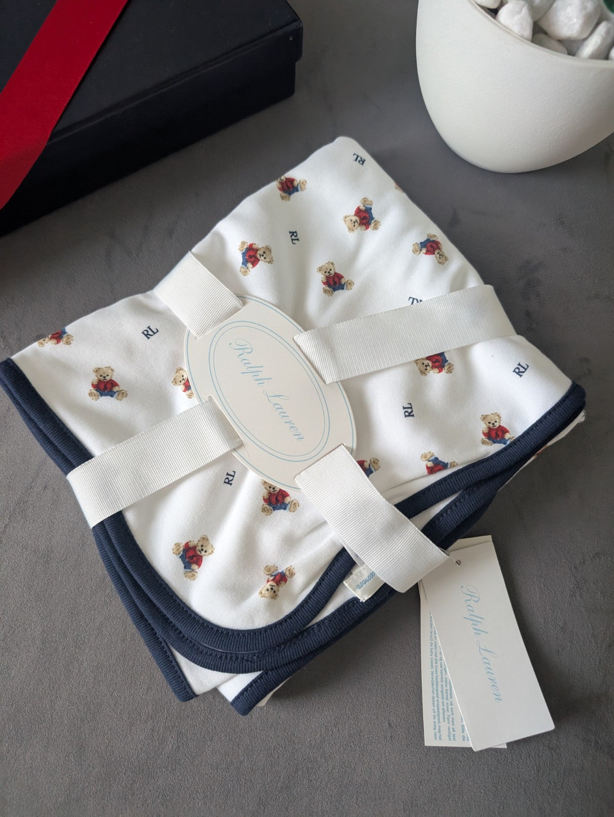 New Baby Boys Ralph Lauren Teddy Bear Blanket  Newborn Gift Cute 0-3 Blue Ivory