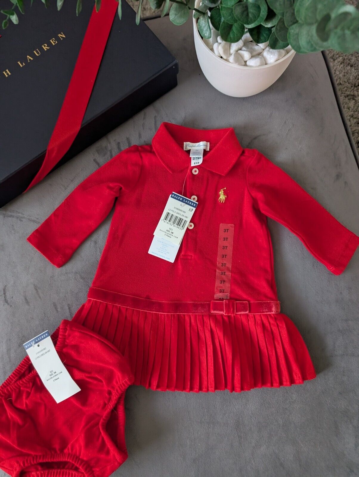 New Ralph Lauren Pleated shirt dress Red Bow 3months Occasion Formal Tennis