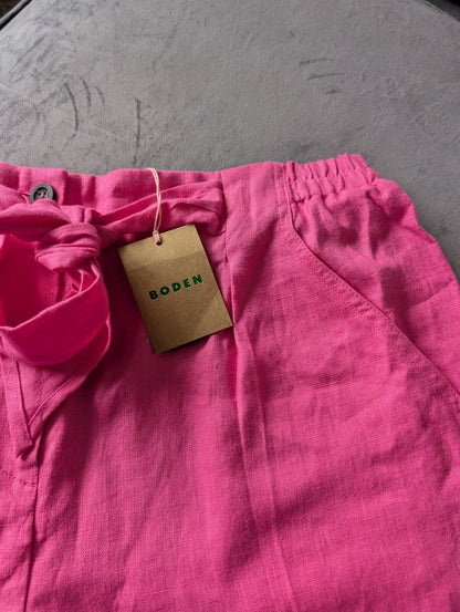 New Women's BODEN 100% Linen Bright Pink Shorts UK 12 Pink Tie Belt Summer