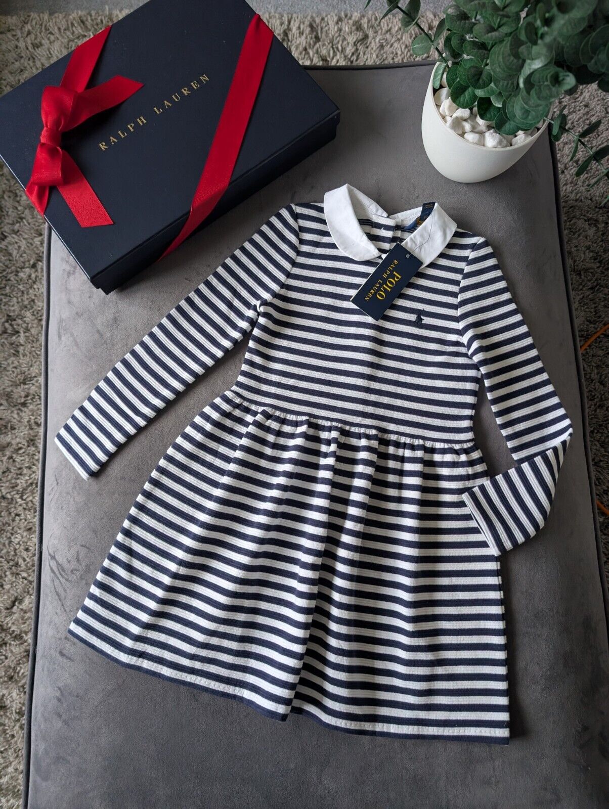 new polo Ralph Lauren French Navy/White Stripe dress Girls Age 5yr ribbed smart