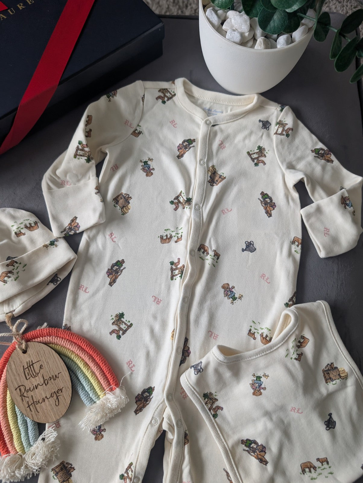 New Ralph Lauren Girls Pink Baby 3 Piece Gift Set Farmhouse 6-9m Ivory RRP£115