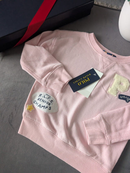 New Stunning Ralph Lauren Pink Embroidery Rugby Jumper 3yrs Cute Patchwork Gift