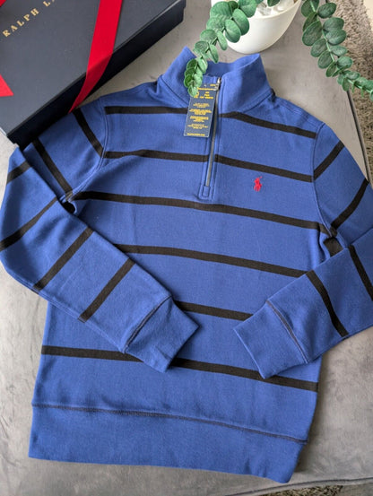 New Ralph Lauren Boys Navy  3/4 Zip Knit Blue Stripe Top Top Jumper 10-12y