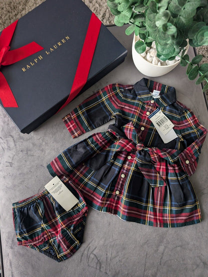 New Stunning Ralph Lauren Girls Tartan Plaid Flannel L Sleeve Dress 0-3m occasion