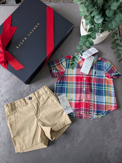 New adorable Ralph Lauren boys Check Shirt + Chino Short Smart Cute 0-3m Gift