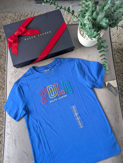 New Ralph Lauren Boys Blue Smart Pony T Shirt Age 8 Casual Embroided Rainbow