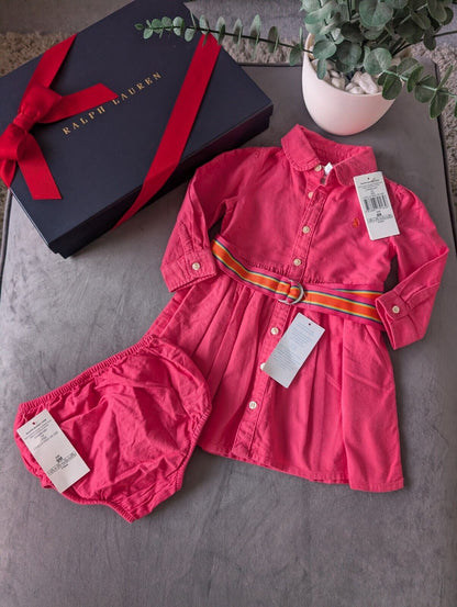 Ralph Lauren Polo girls buttoned Oxford Shirt dress Pink Belt Yellow 6-9m Gift