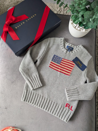 New Polo Ralph Lauren Grey Smart American flag jumper age UK 4-5yr USA Boys Gift