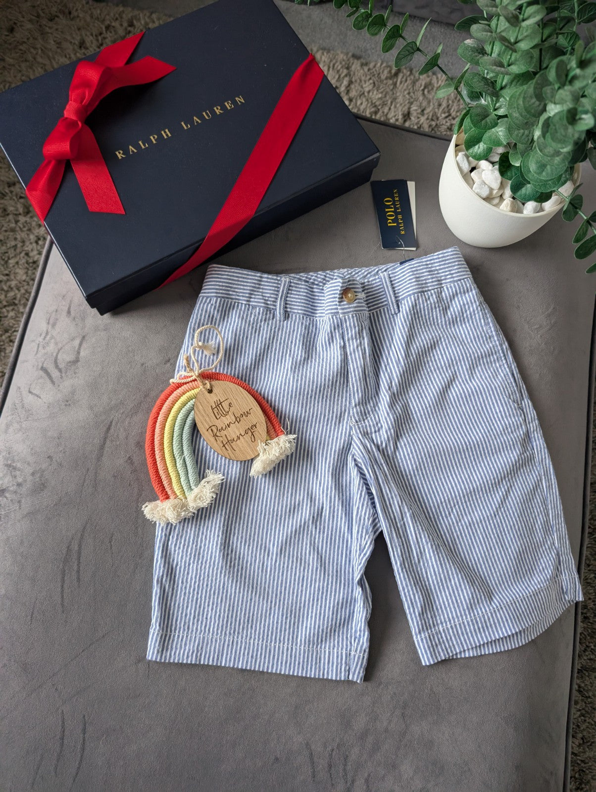 New Ralph Lauren Boys Blue White Shorts Stripe Smart Gift 10y Casual Summer