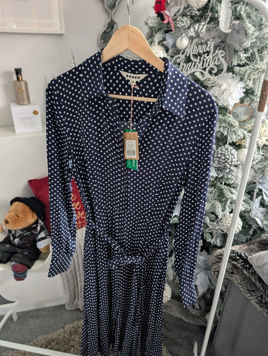 New Boden Katie Midi Shirt Dress Belted Navy Polka Dot Spotty UK 12R occasion £72