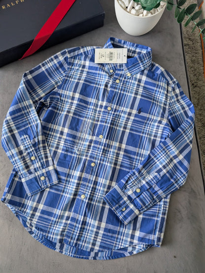 New Ralph Lauren Blue White Check Boys Shirt Smart Occasion Age 7 Yrs Gift