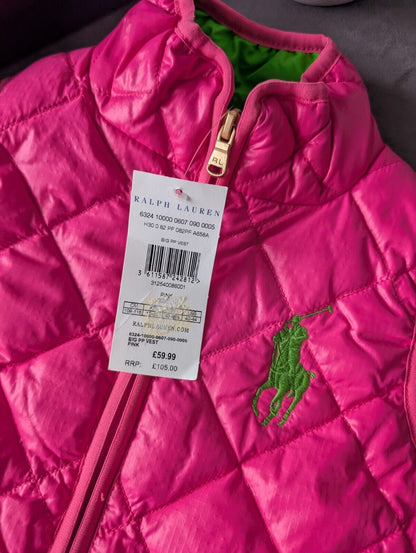 New Ralph Lauren Girls Bright Pink Green Quilted Gilet Bodywarmer Age 5 Gift