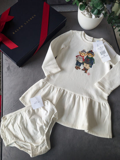 New Ralph Lauren Girls White Sweatshirt Dress Bear Duo Pretty Flare Gift 18mths