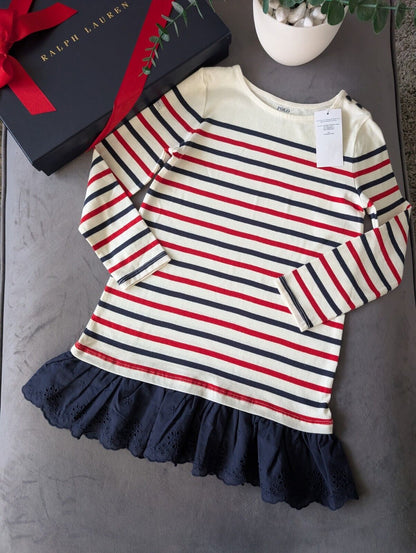 New Ralph Lauren Girls Stripe Navy Red Ivory Dress Embroidered Age 6 Thin Jumper