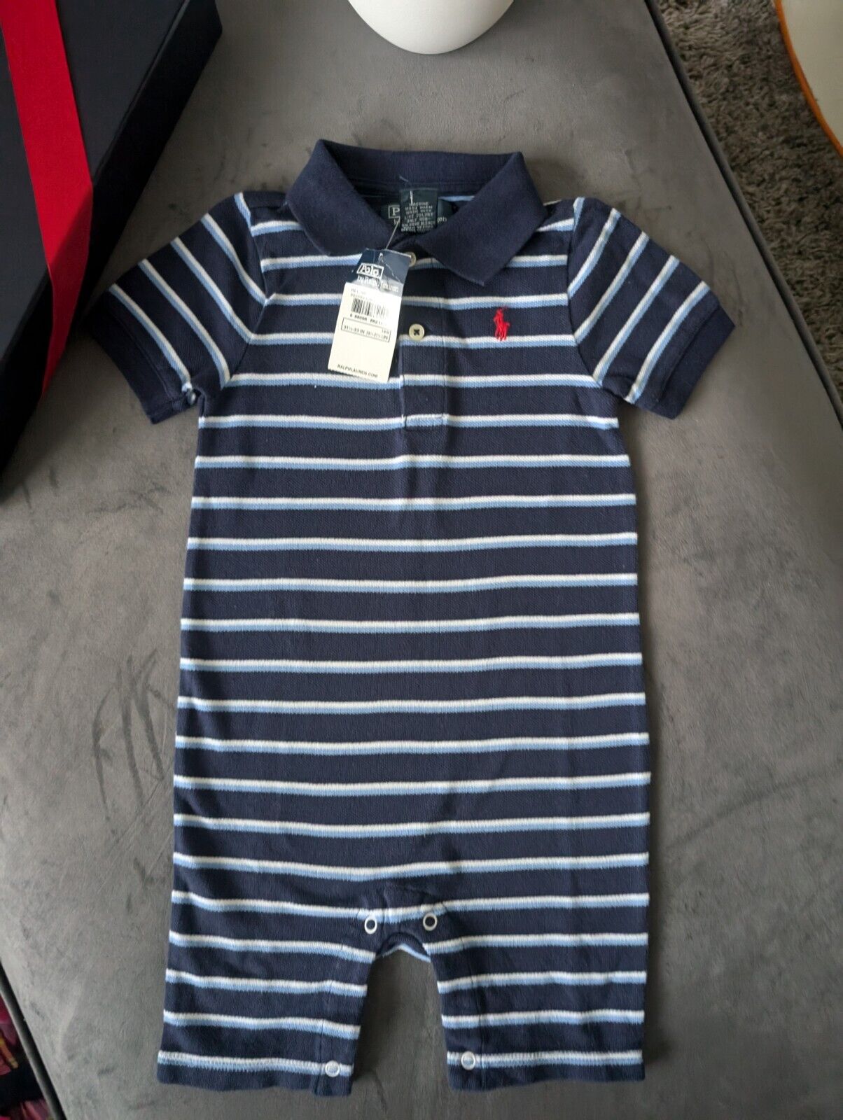 New Ralph Lauren Baby Boy Blue Navy Stripe Romper 12-18m Gift cute summer