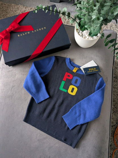 New Ralph Lauren Boys Colour Block Fine Knit Jumper Polo Logo Blue Gift 2-3y