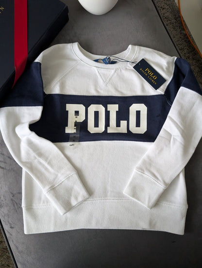 New Ralph Lauren Girls 8-10yrs Ivory  Fleece Pullover Jumper Navy White £89