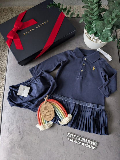 New Ralph Lauren Pleated shirt dress Blue Bow 6-9m Occasion Formal Tennis Gift