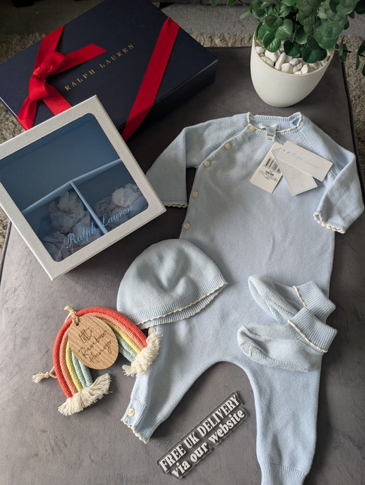 New Ralph Lauren Boys New Baby 3 Piece Gift Set Stripe  6-9 m BlueRRP £115