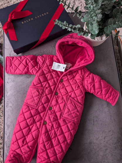 New ralph lauren Pink Quilted fleece lined pram suit snowsuit 0-3 Gift Girls