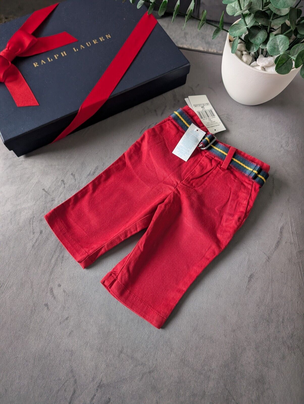 New Ralph Lauren Baby Boys Smart Chino Trousers Belted Gift Occasion 0-3m Red