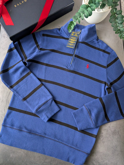 New Ralph Lauren Boys Navy  3/4 Zip Knit Blue Stripe Top Top Jumper 10-12y