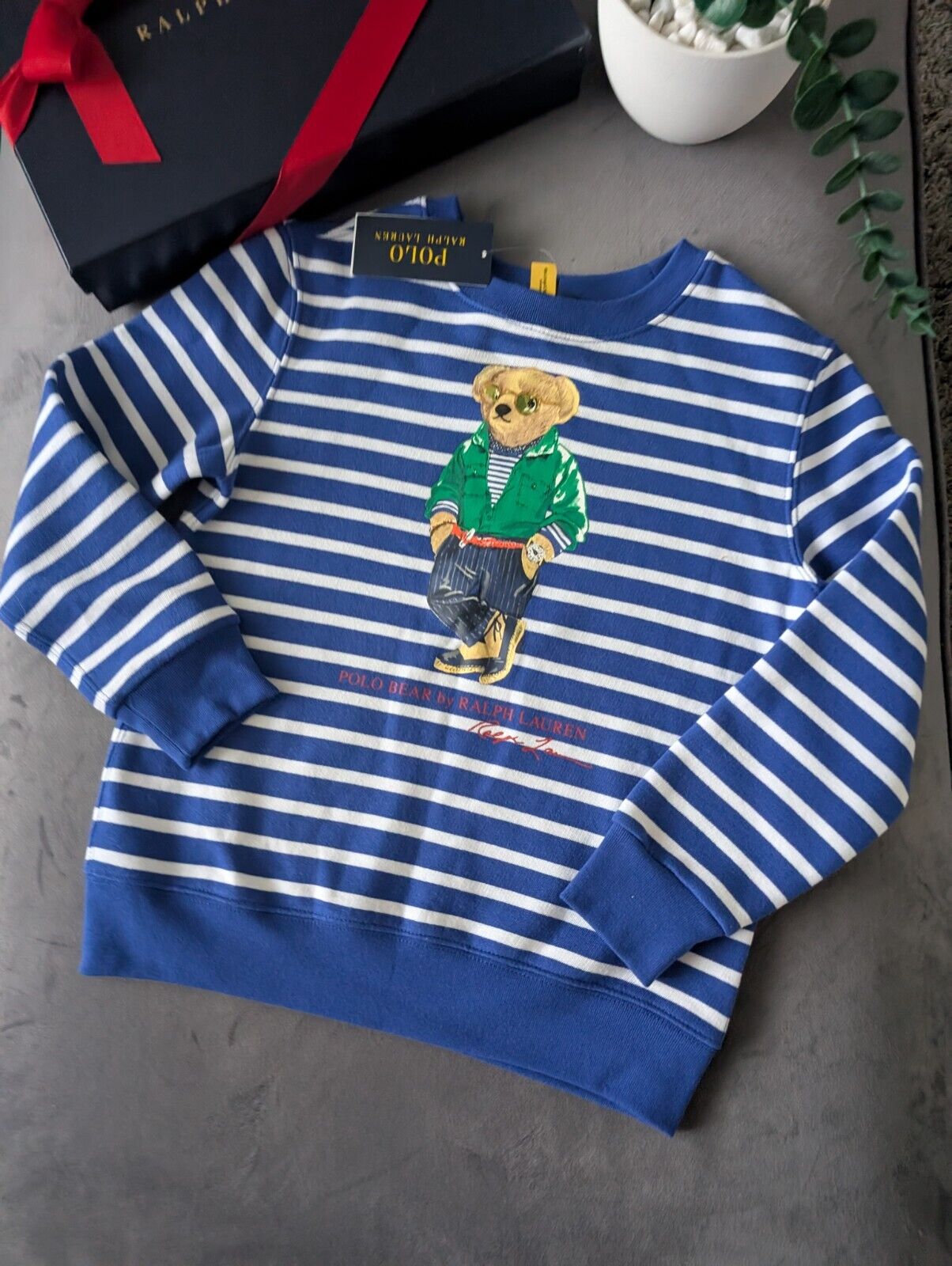 New Ralph Lauren Polo Bear Blue Stripe Sweatshirt Jumper Gift Casual Age 7yrs