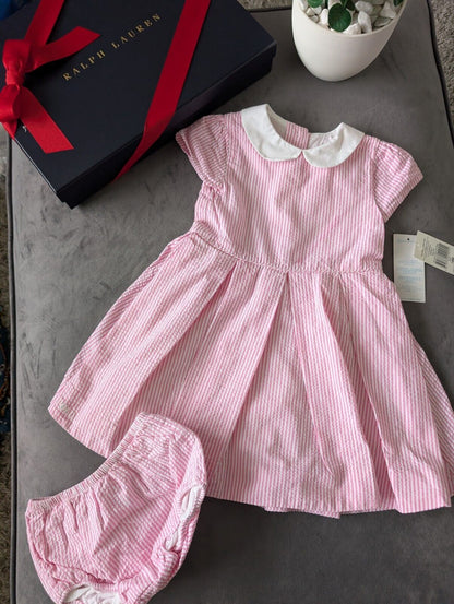 New Ralph Lauren Girls Stripe Fully Lined Pretty Party Dress 18m Gift Pink