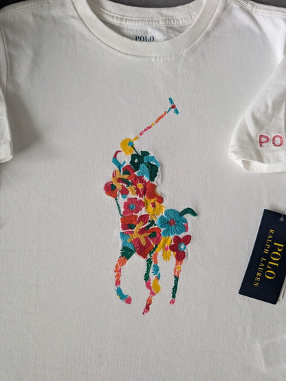 New Ralph Lauren Girls Ivory Embroidery Floral Pony Logo Top T Shirt Gift 6Xyrs